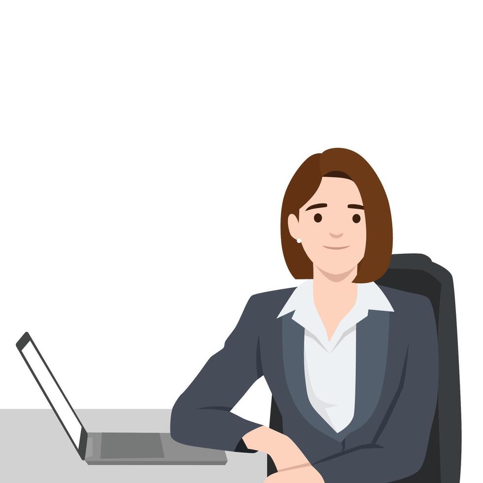 Professional woman in a formal suit sitting at a desk with a laptop. vector