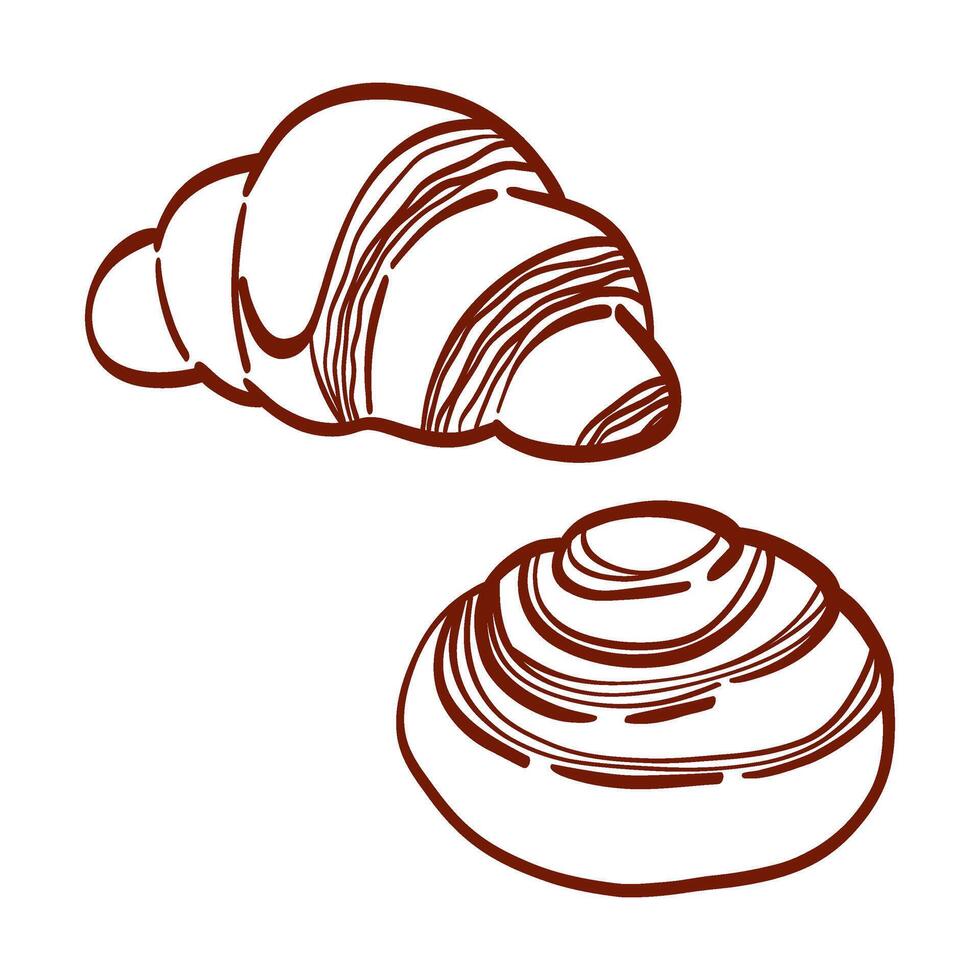 Hand drawn rolled bun and croissant. Bakery design elements. Doodle food on white background. Line illustration of buns. vector
