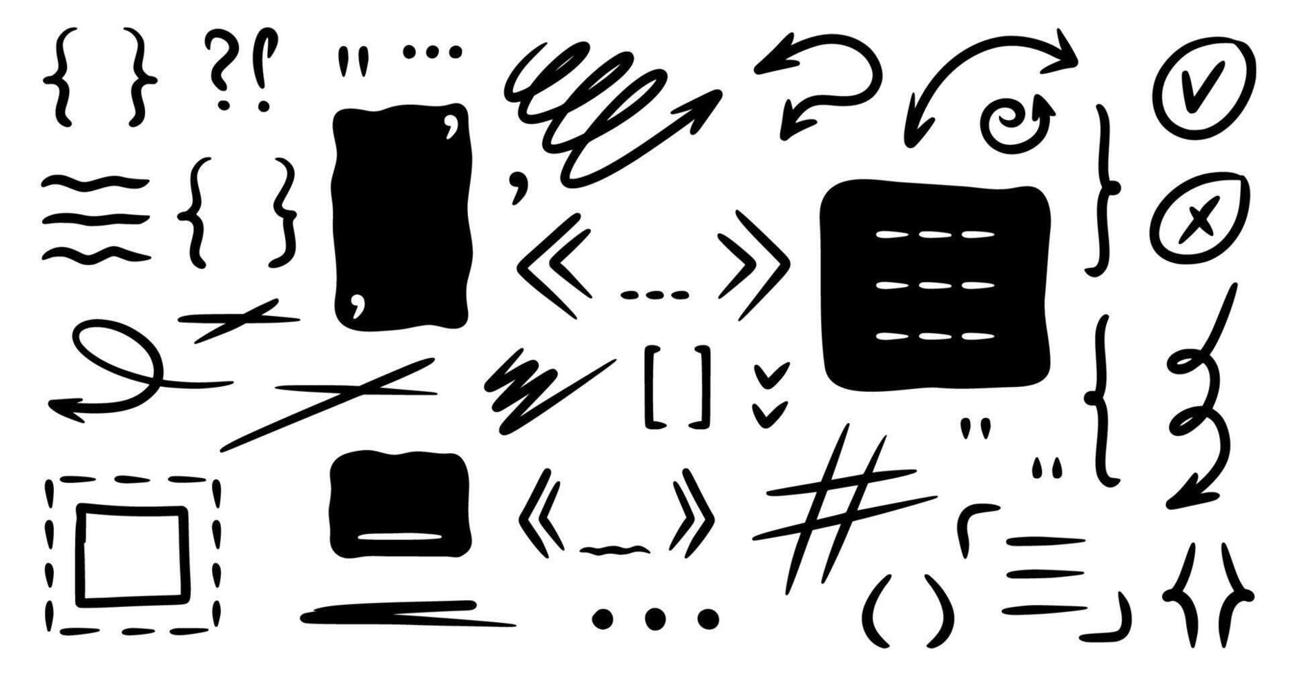 Doodle shapes, text box, parenthesis, brackets, punctuation mark, comma, squiggle arrow, lines, rectangle frames for social media. Black abstract isolated design elements. Speech bubble blobs for vector