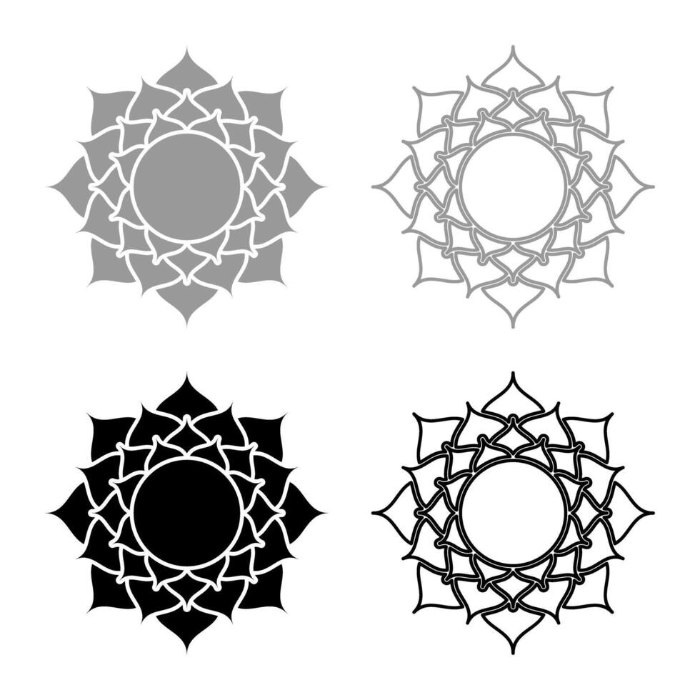 Lotus flower blossom Hinduism Hindu iconography water lily set icon grey black color solid fill outline contour line thin style vector