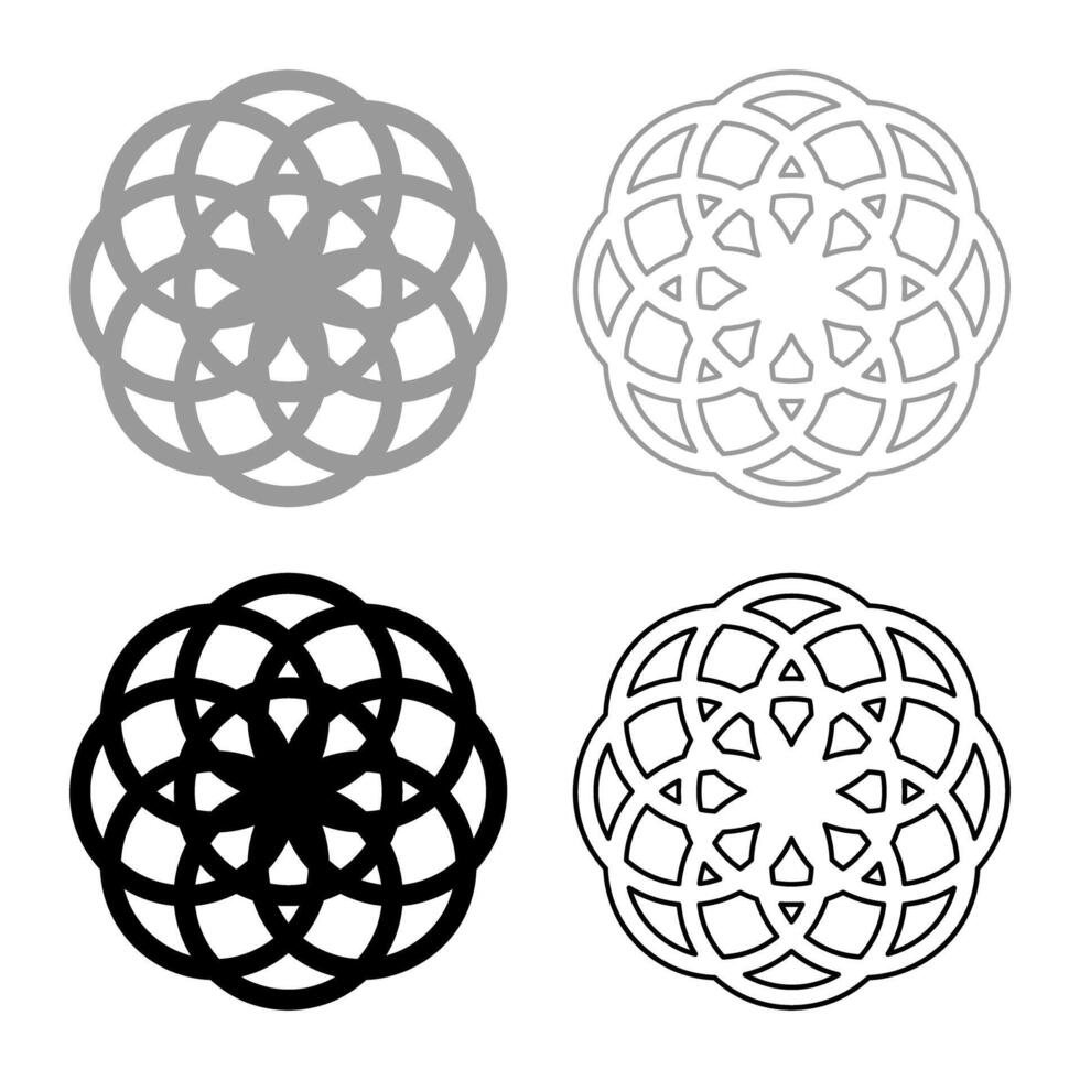 Flower of life Sacred geometry set icon grey black color solid fill outline contour vector
