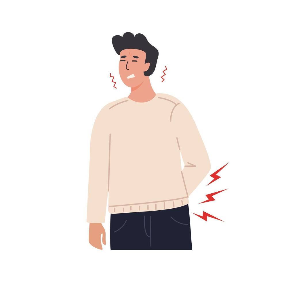 Young man suffering from lower back pain, holding his waist with a pained expression. Medical concept of spinal problems, muscle strain, or kidney pain. Flat Style Illustration. vector
