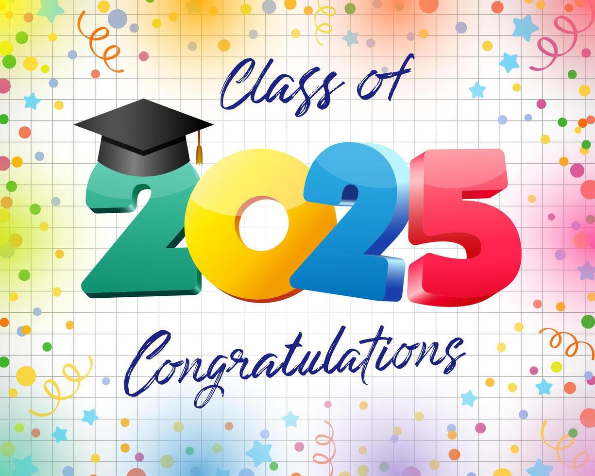 Class of 2025 congrats, graduating event decor with notebook paper backdrop and festive elements. 3D graphic colorful number 2 0 2 5 with square black cap. Prom invitation template. Gift card design. vector