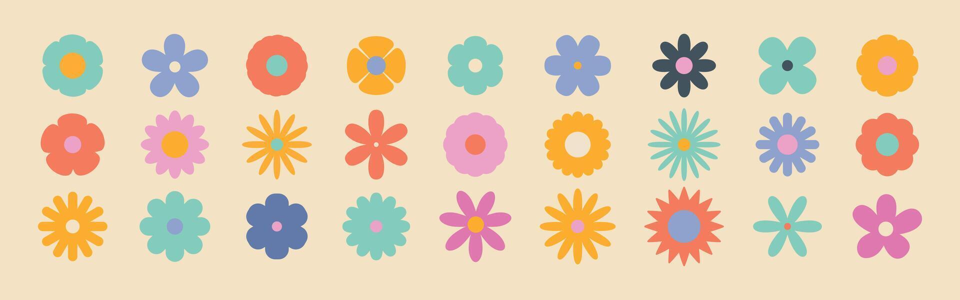 Groovy simple flowers set. Bright floral geometric vintage set in hippie style. Abstract minimal daisy elements. Nostalgic 60s and 70s retro flowers collection vector