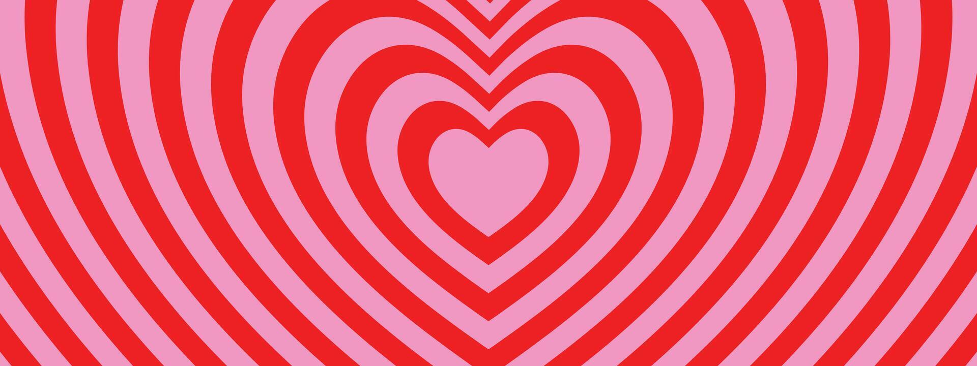 Monochrome horizontal background featuring a heart-shaped tunnel. A rainbow-inspired romantic pattern in shades of pink and red. Trendy illustration in a retro 60s and 70s style. vector