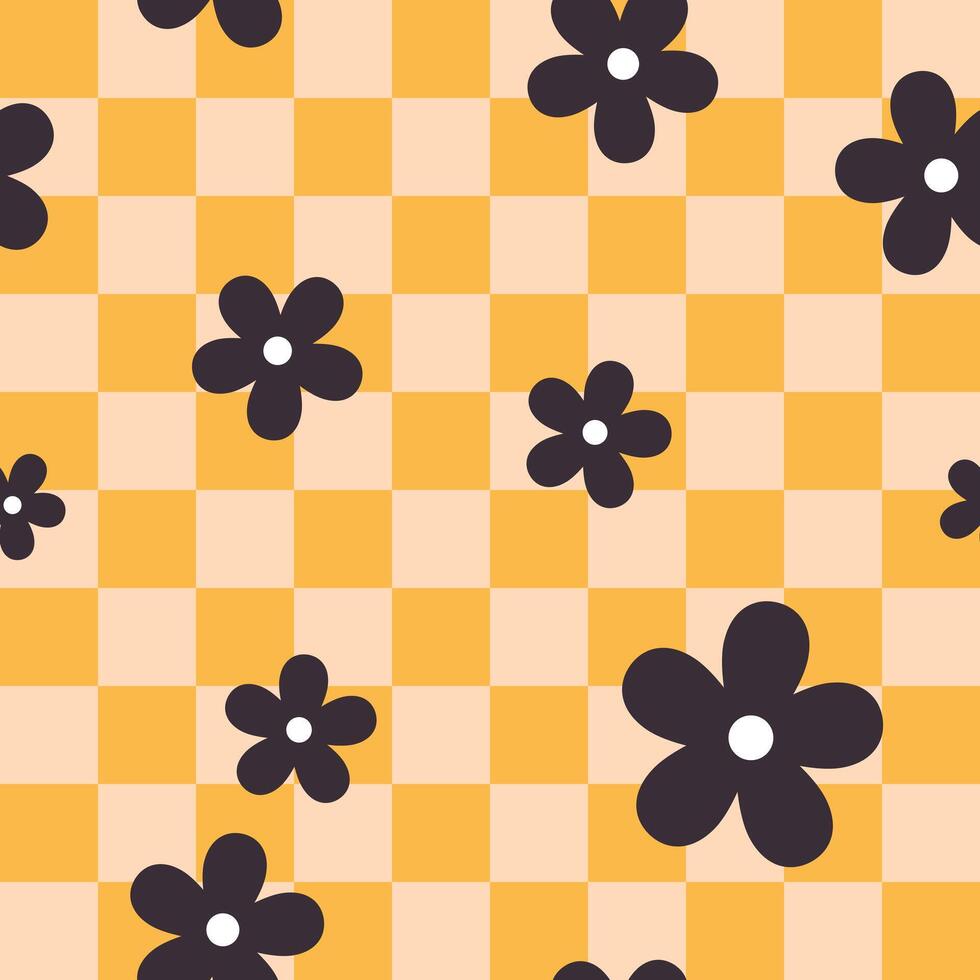 Seamless retro groovy checkered pattern with black floral elements. Simple 1970s-style flowers in a doodle design. Perfect for fabric, wrapping paper, wallpaper, and fashion prints vector