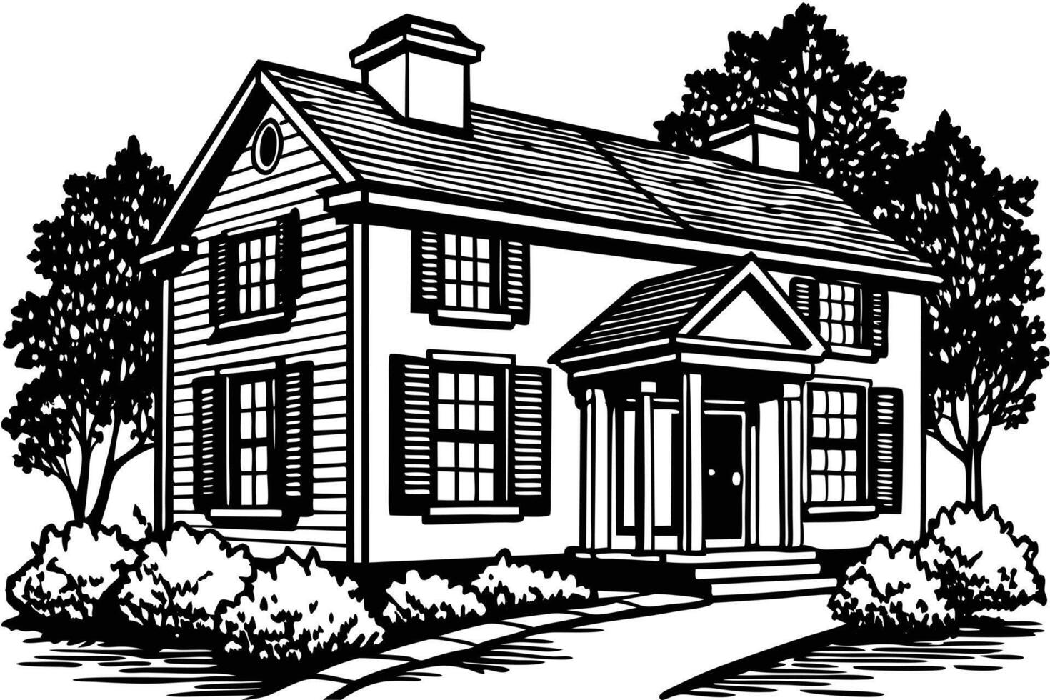 A Elegant black and white illustration of a charming home. vector