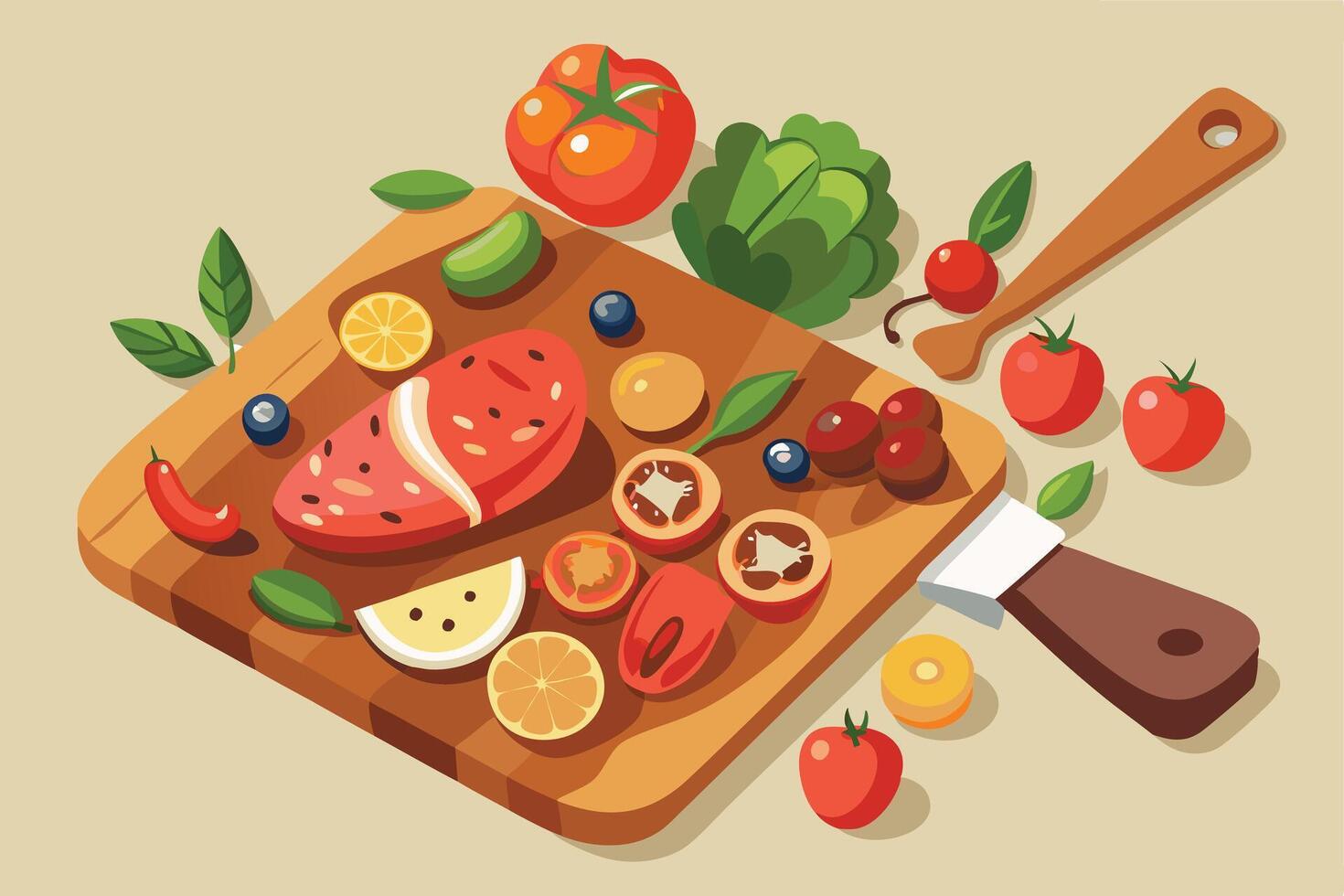 Colorful array of fresh fruits and cheeses on a wooden cutting board, perfect for food blog or restaurant design. vector