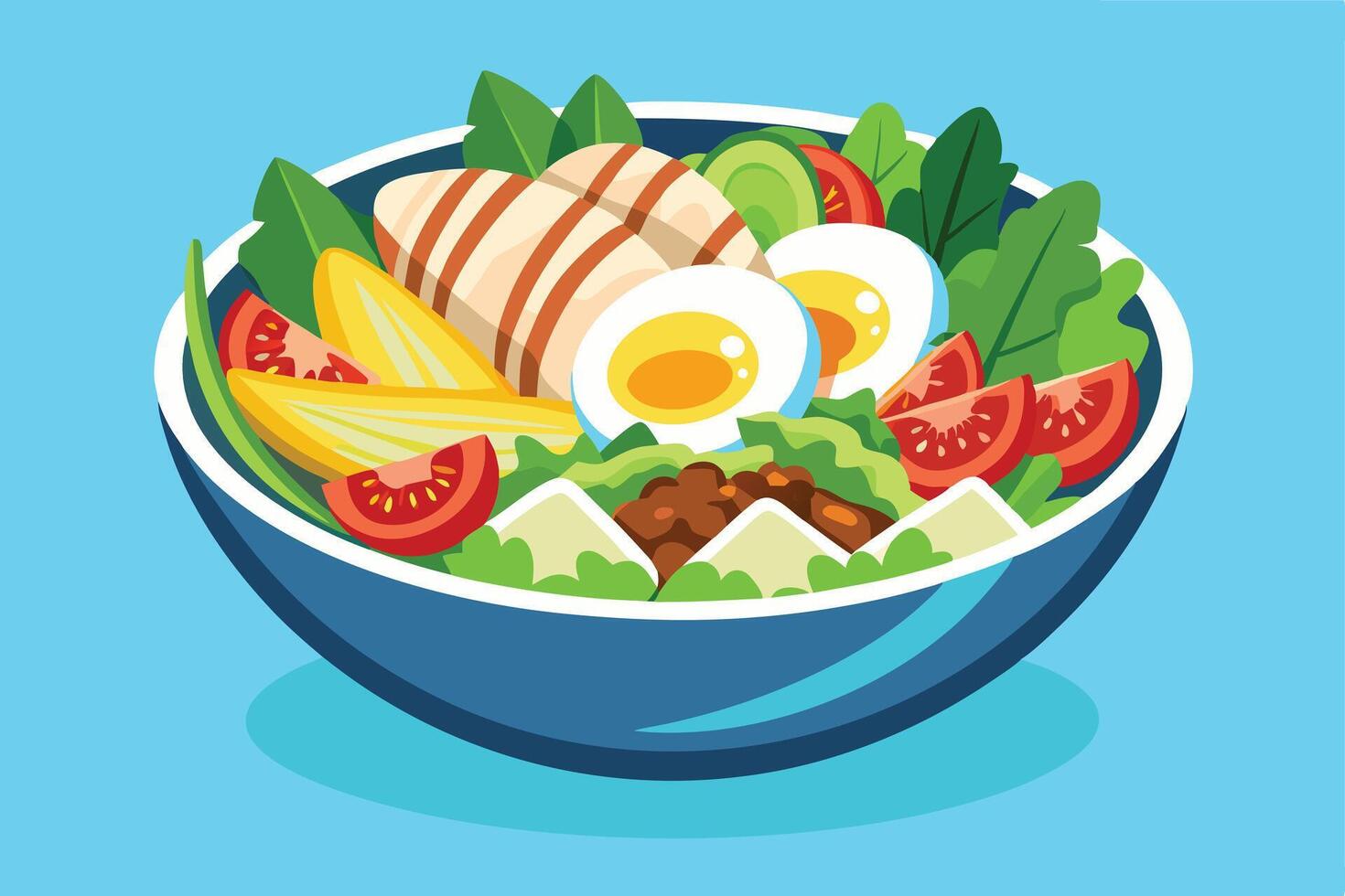 Colorful illustration of a healthy and delicious chicken salad bowl. vector