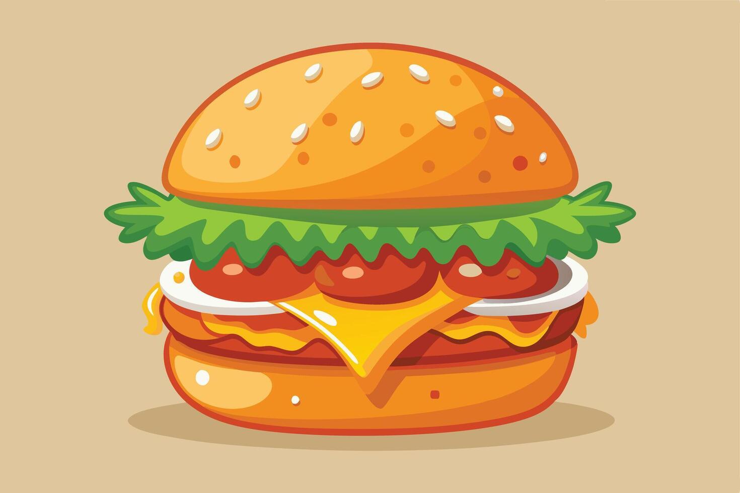 Deliciously illustrated cartoon hamburger with cheese, lettuce, and toppings. vector
