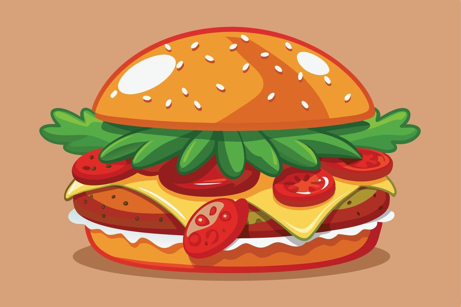 illustrated cartoon hamburger with cheese, lettuce, and toppings. vector
