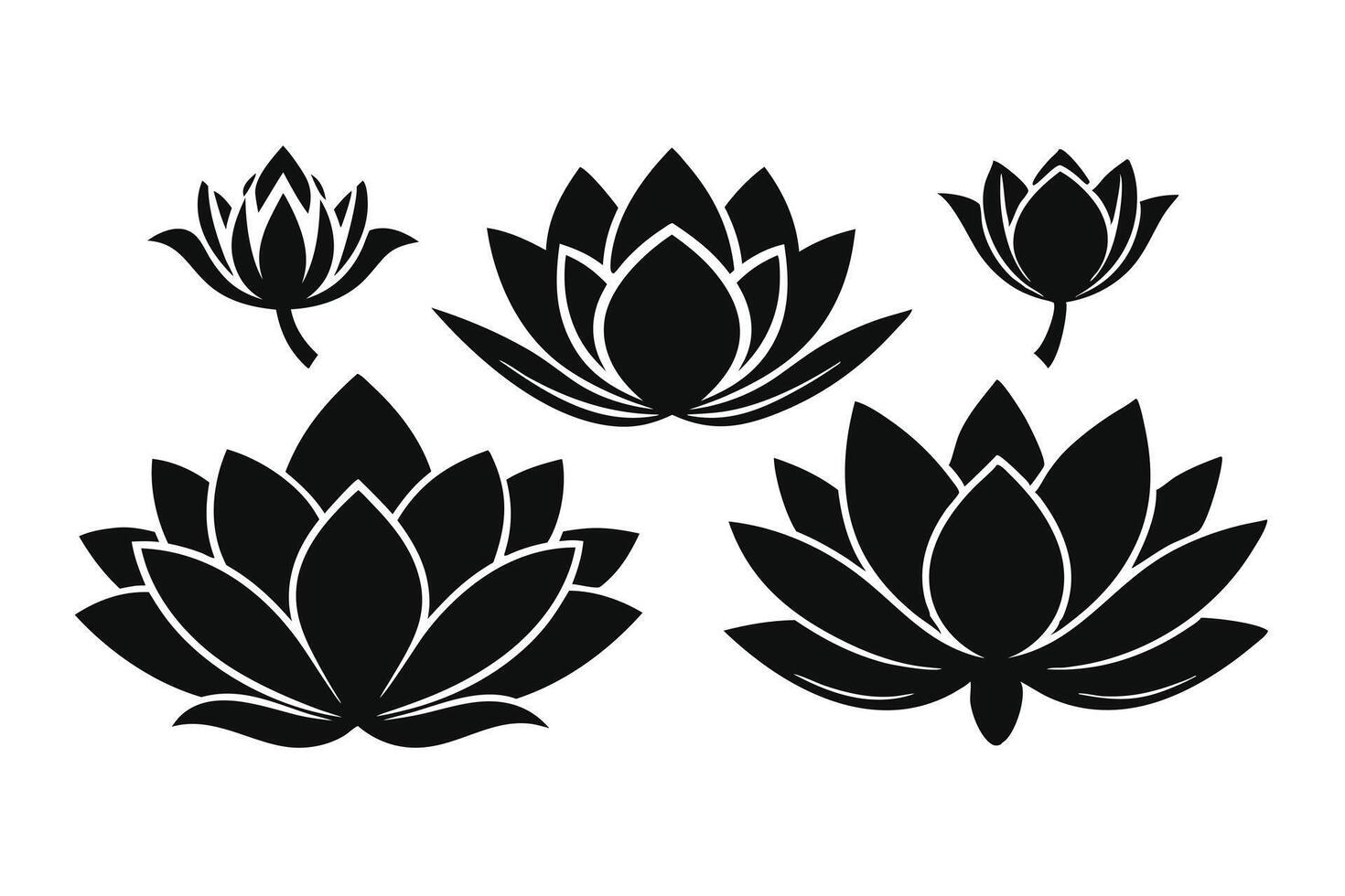 Black and white lotus flower silhouettes, perfect for graphic design. vector