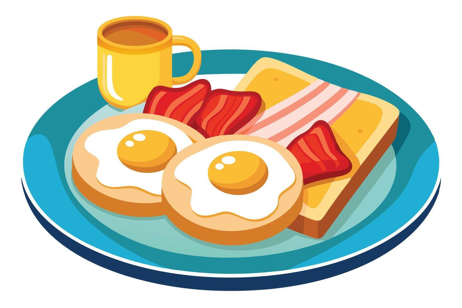 Colorful breakfast illustration featuring eggs, bacon, and toast. vector