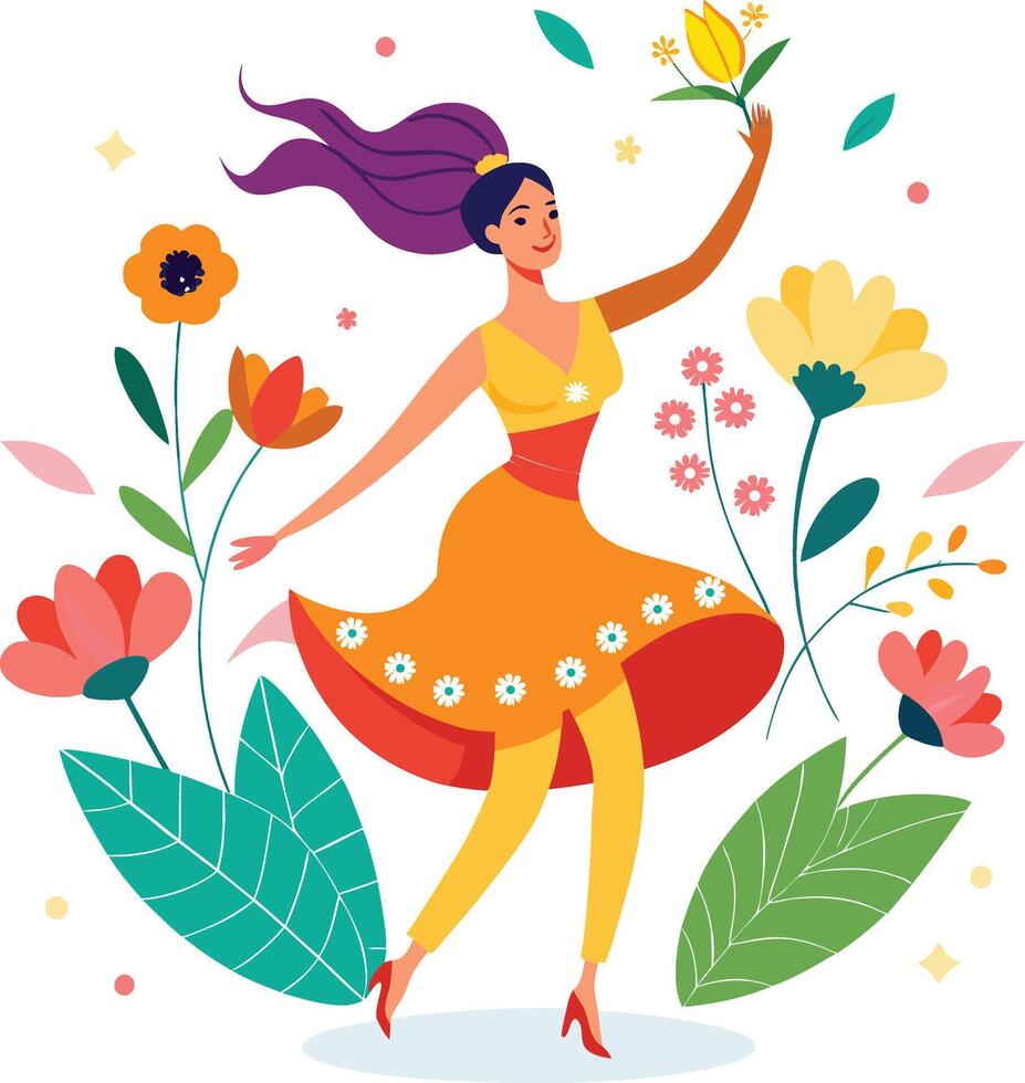 Happy Women Day Celebration Dancing With Flowers vector