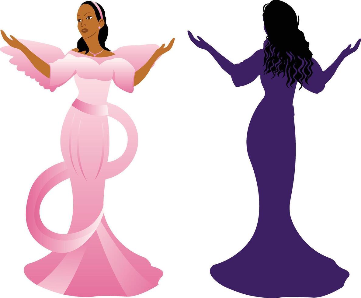 two women in pink and purple dresses standing in front of each other vector