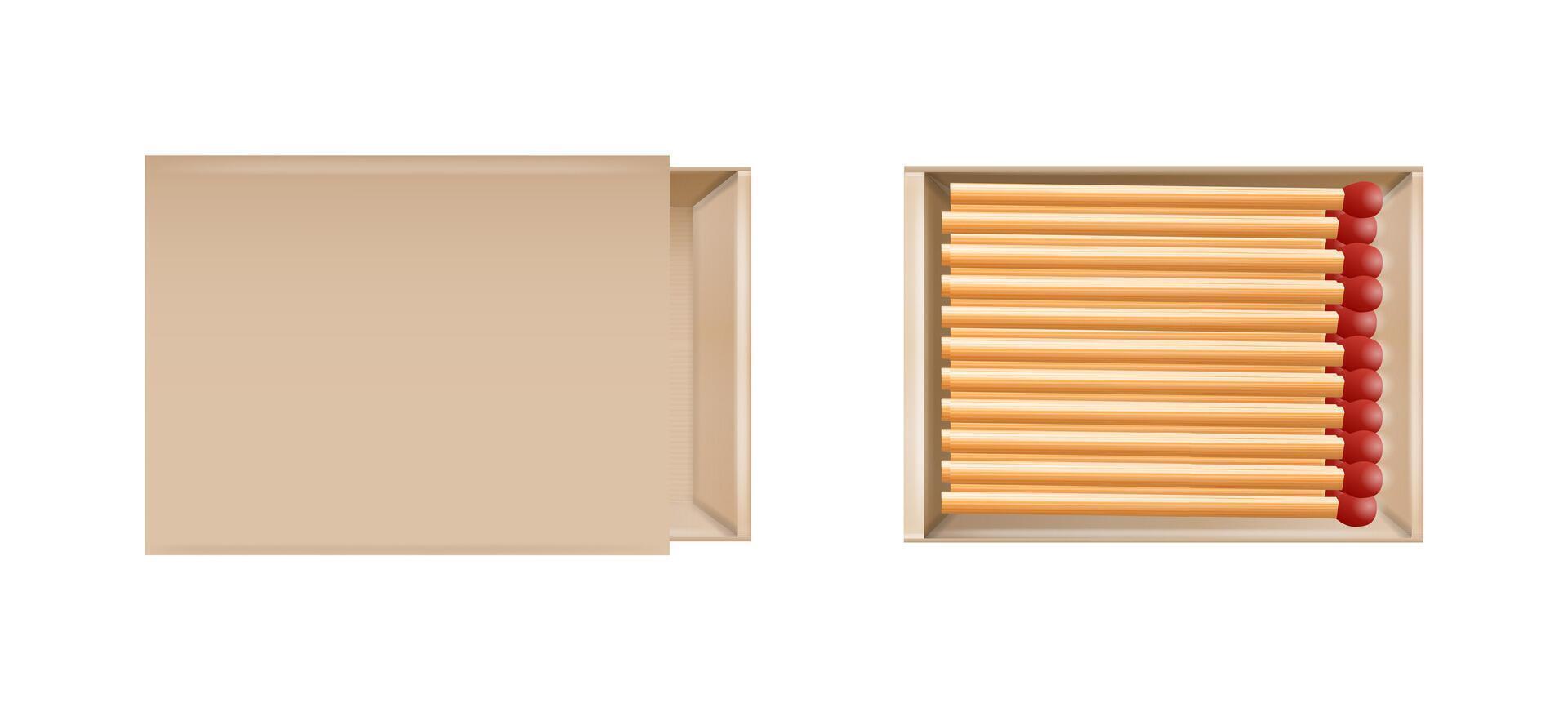 Matchbox, empty package for match sticks in top and perspective view. Realistic mockup of 3d blank box. Stages of burning the match. Symbol of ignition burning. vector