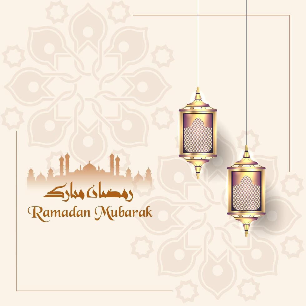 ramadan mubarak template design with islamic decoration and beautiful lanterns vector