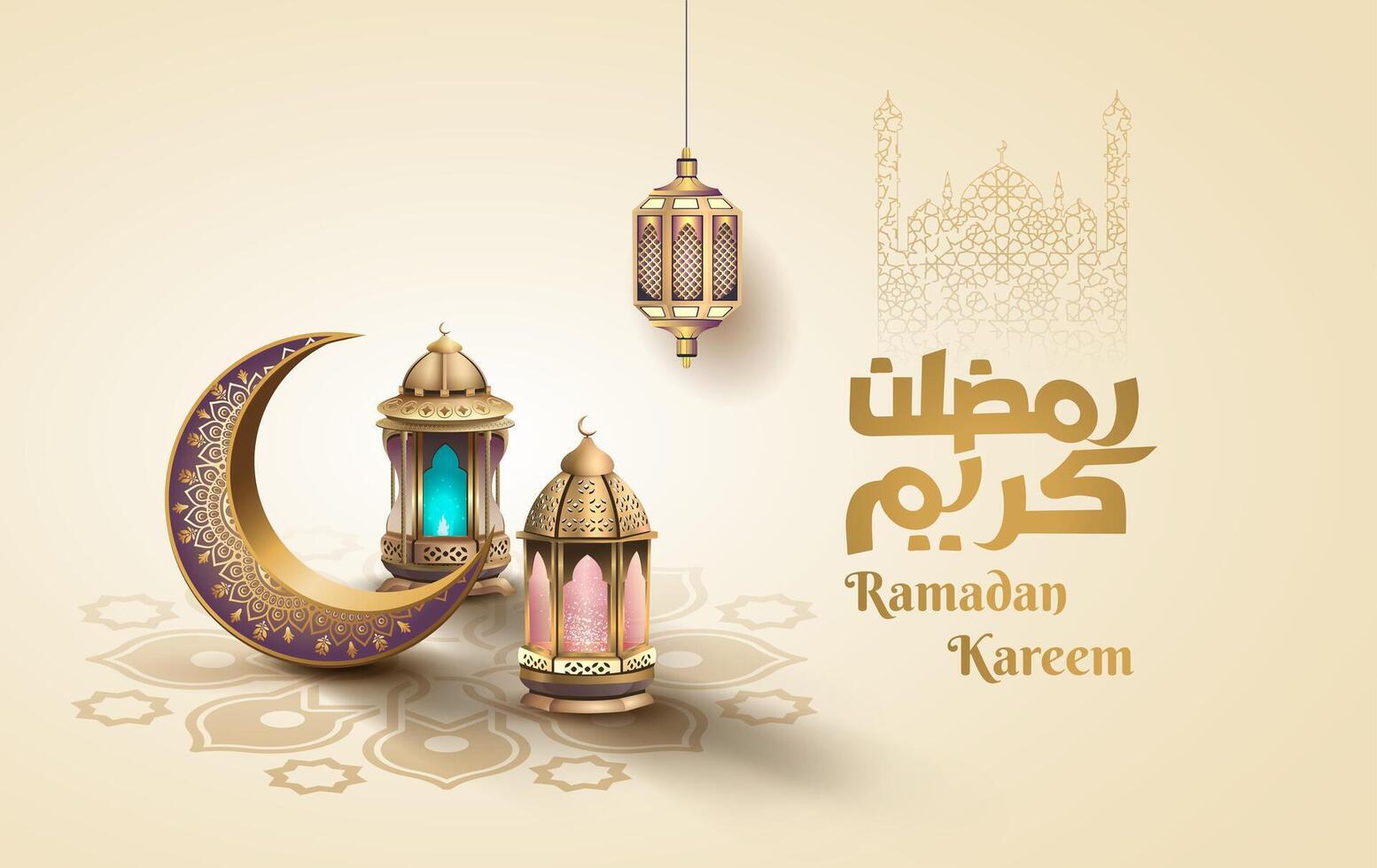 ramadan kareem greetings card design with beautiful lanterns and crescent moon vector
