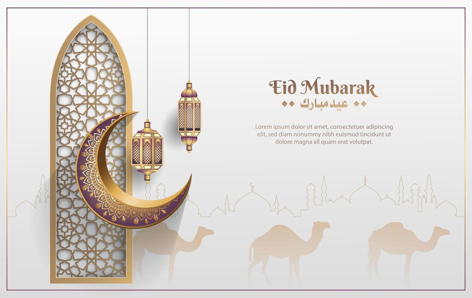 eid mubarak template design with islamic decoration, lantern, crescent moon and camel vector