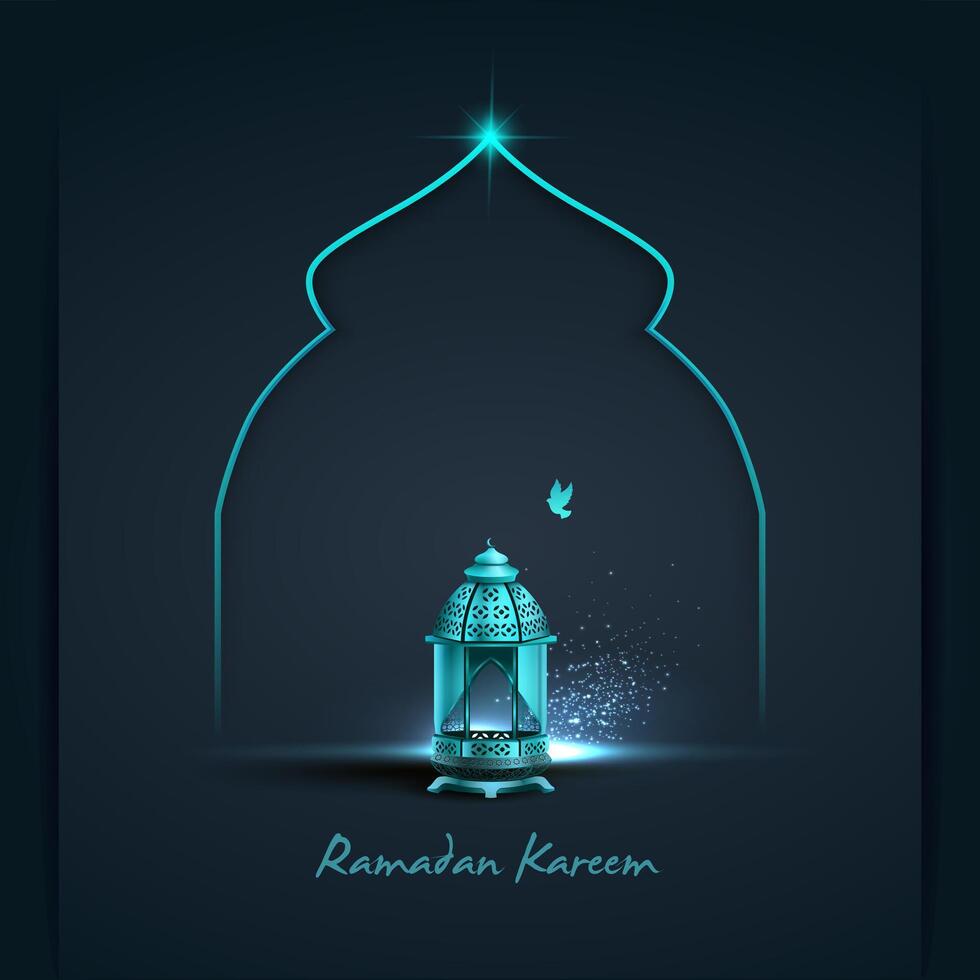 islamic greeting ramadan kareem card design template with beautiful blue lantern vector