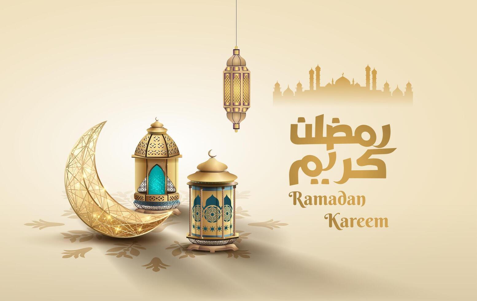 islamic greeting card design with golden crescent and lanterns vector