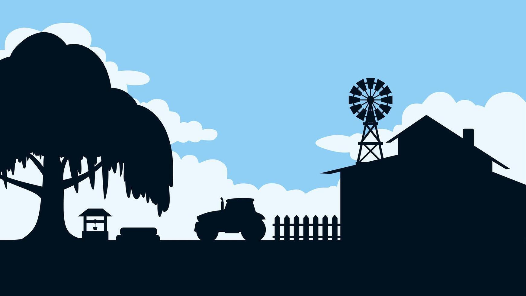 Countryside landscape of farmhouse scenery. Panoramic view of rural house with windmill and tractor under big tree.Illustration of the scenic cloudscape over the farmland in rural environment vector