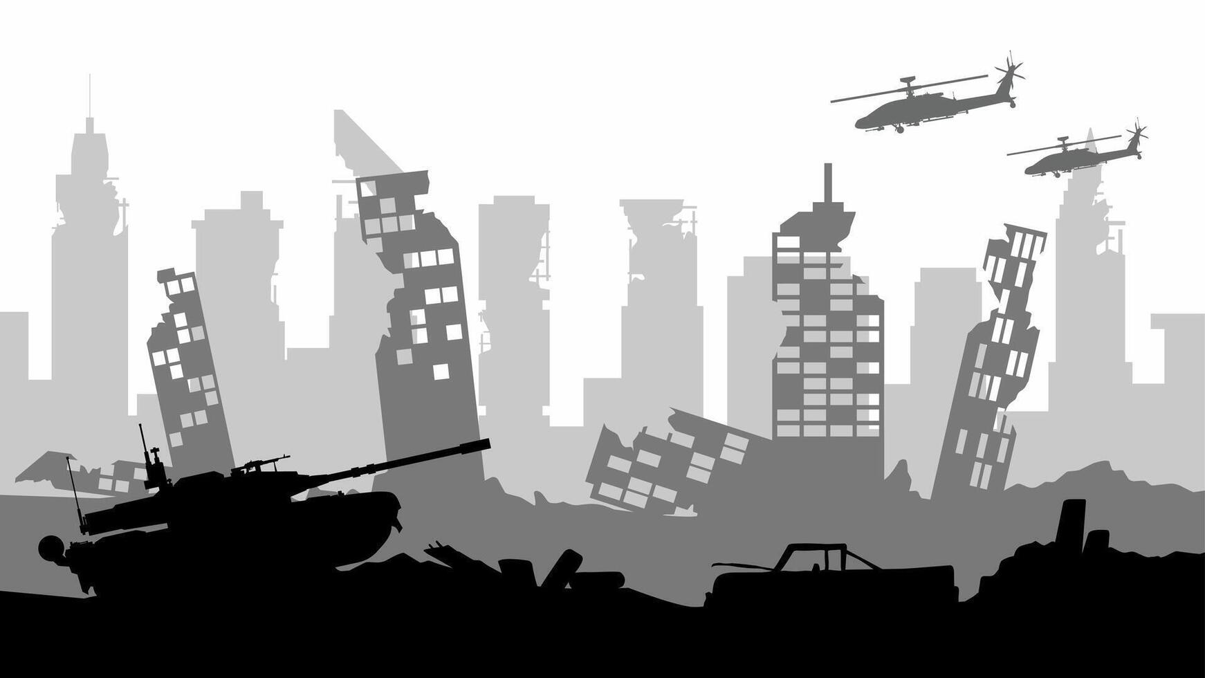 Silhouette of destroyed city in the battlefield landscape. Cityscape of aftermath war in the downtown area with city ruins.Illustration of urban apocalypse scene with helicopter and tank vector