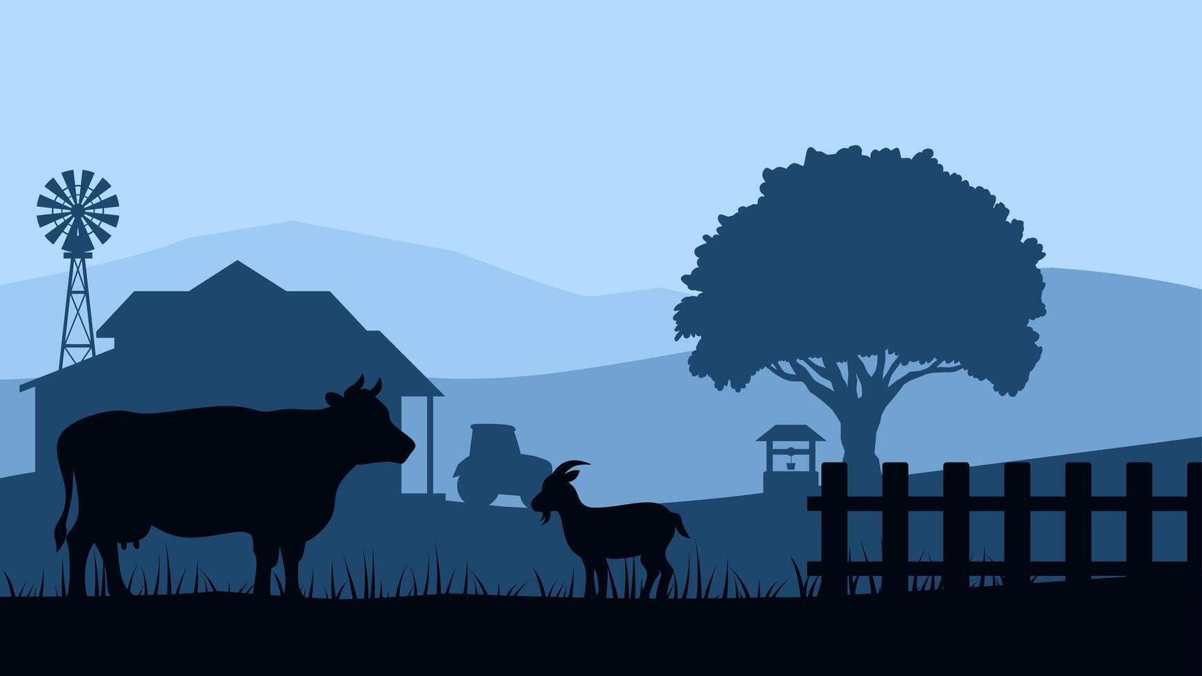 Landscape of farmland with livestock in a countryside scenery. Panoramic view of rural farm with cow and goat in pasture.Illustration of scenic countryside building with farmhouse and windmill vector