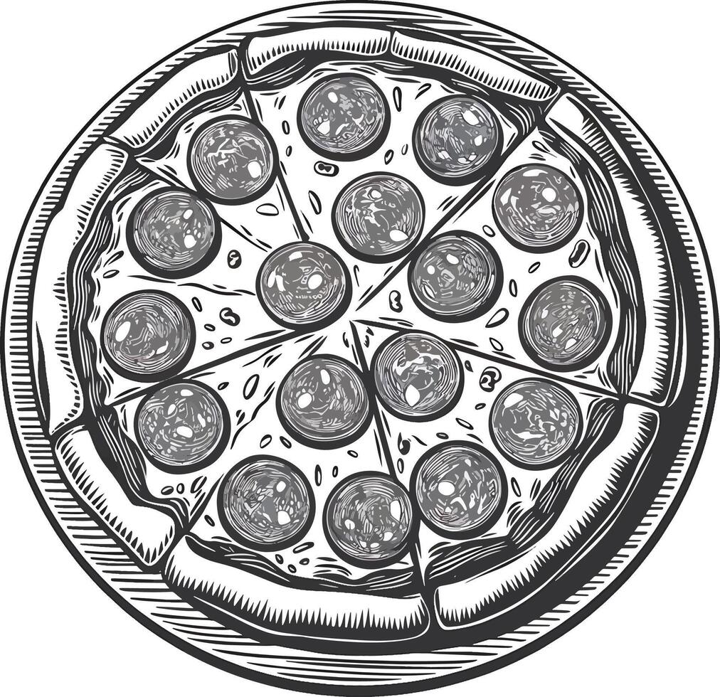 Pizza slice silhouettes black and white with ham beef and chees vector
