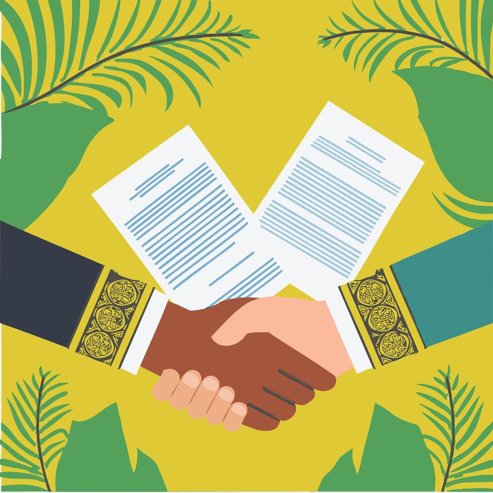 Two hands shaking with a document vector