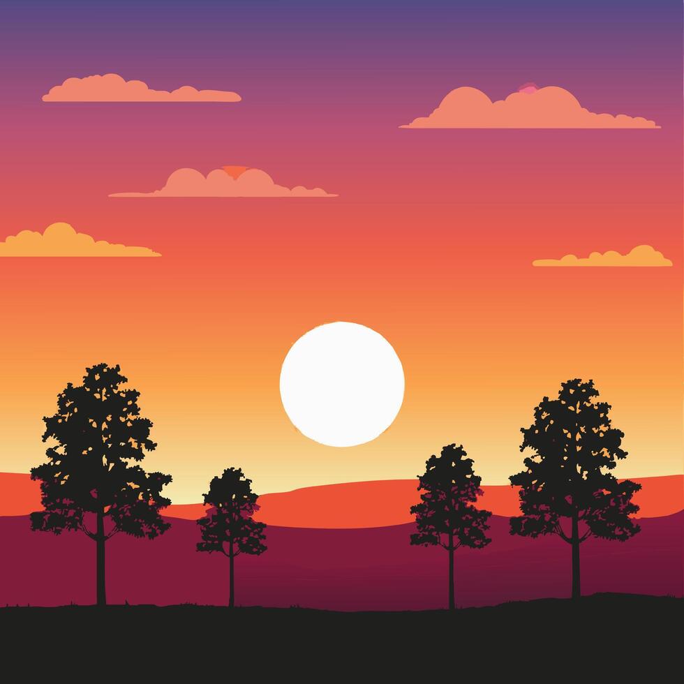 Sunset with Tree Silhouettes vector