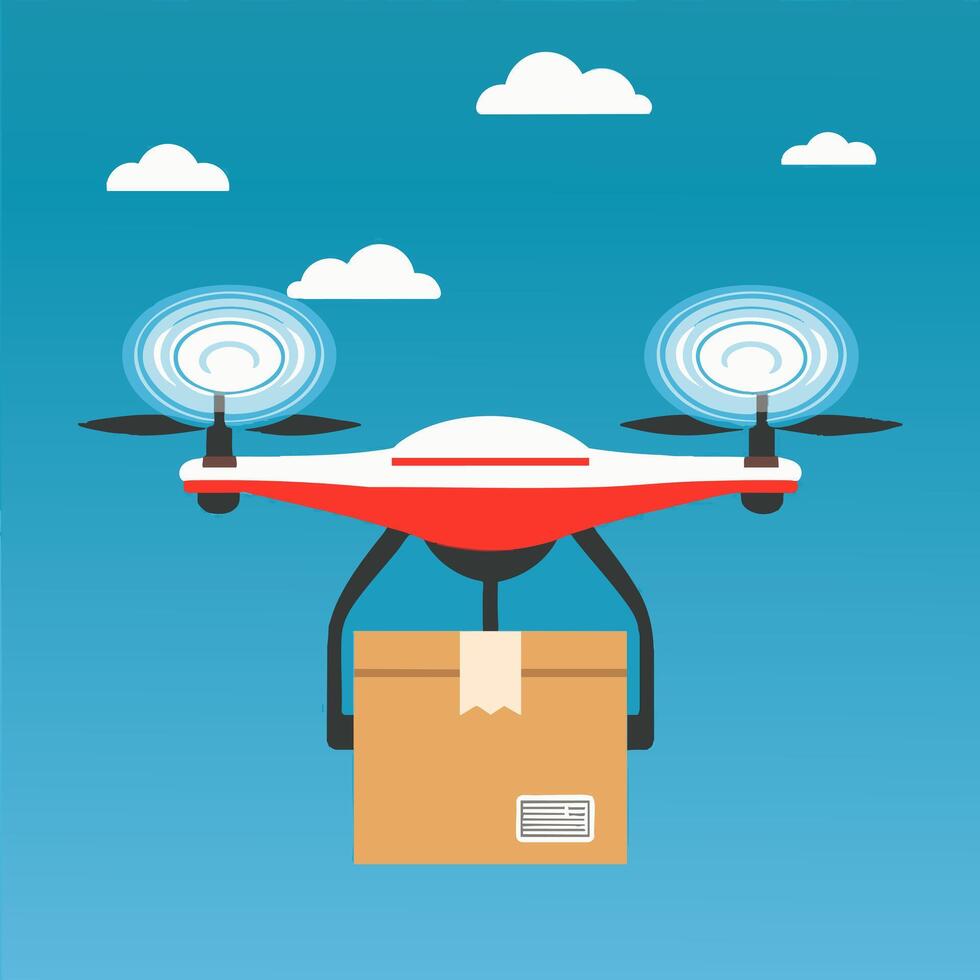 drone carrying a package in a clear blue sky vector