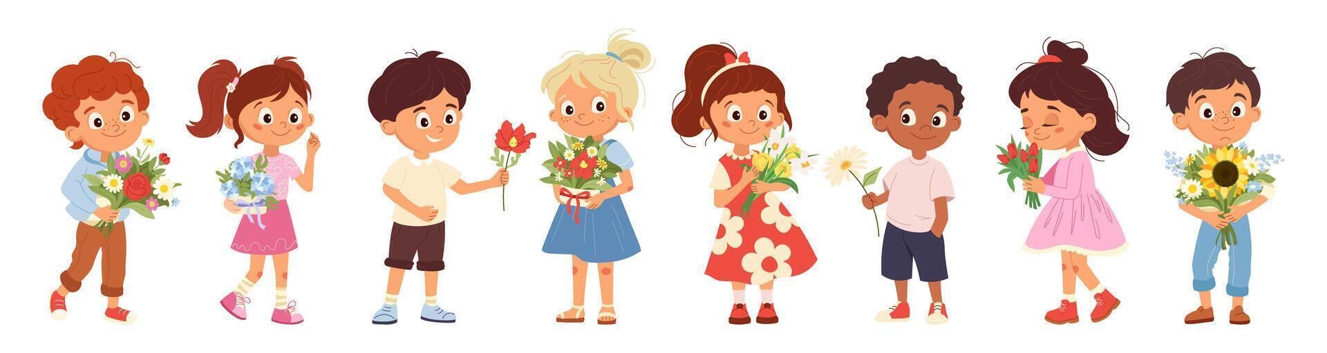 Collection of children holding flower bouquets Happy girls and boys presenting bunch Cartoon characters design for Mother's Day or Women's day greeting card, flyer, invitation, illustration vector