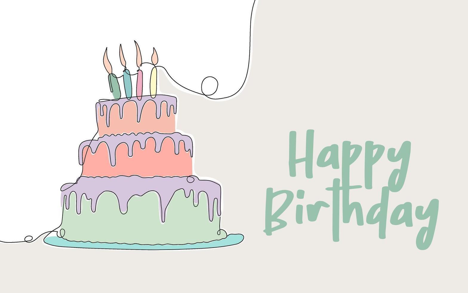 Elegant Line Art Birthday Cake with Candles and Happy Birthday Greeting vector