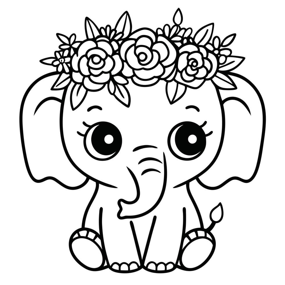 Black and White Baby Elephant Art Cute Floral Crown Design vector