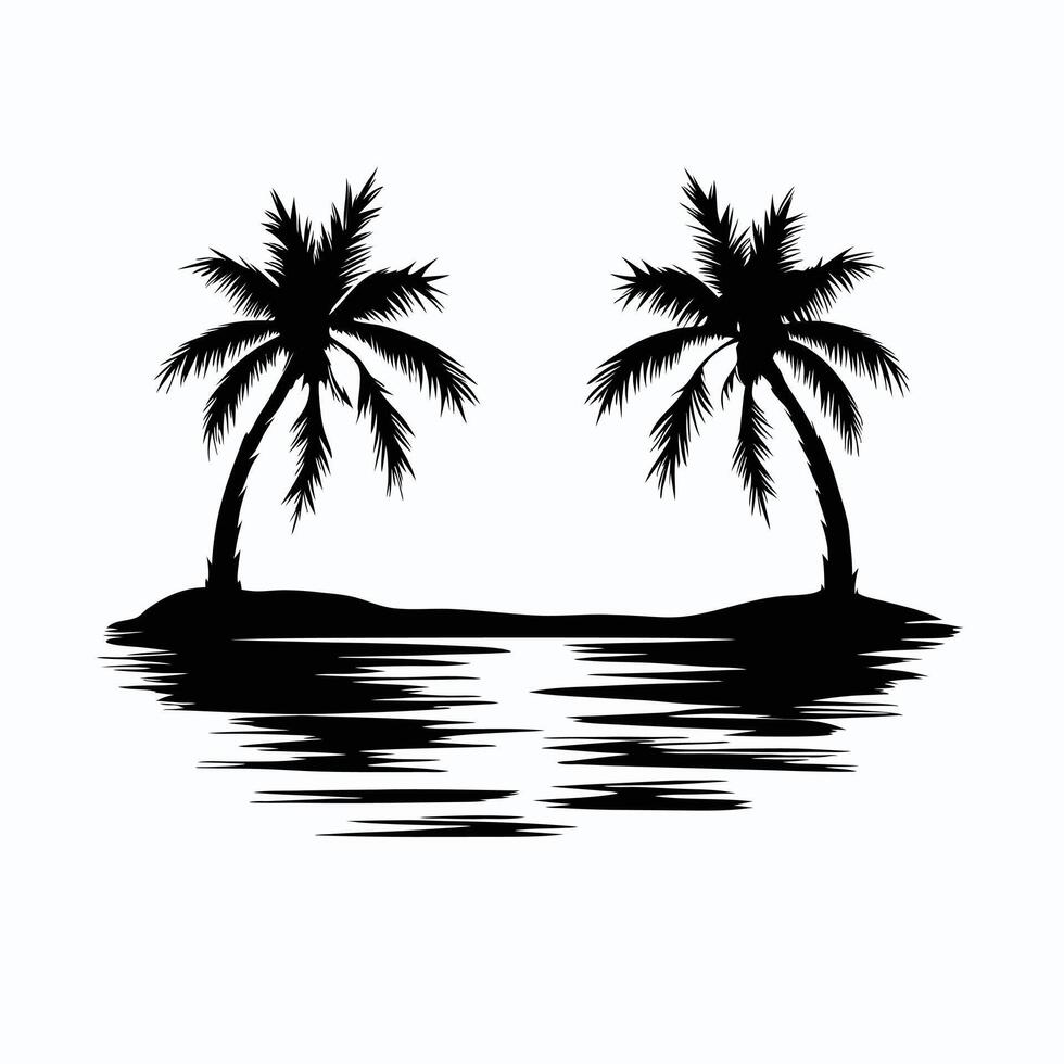 Hand-Drawn Tropical Island with Palm Trees in Black and White vector