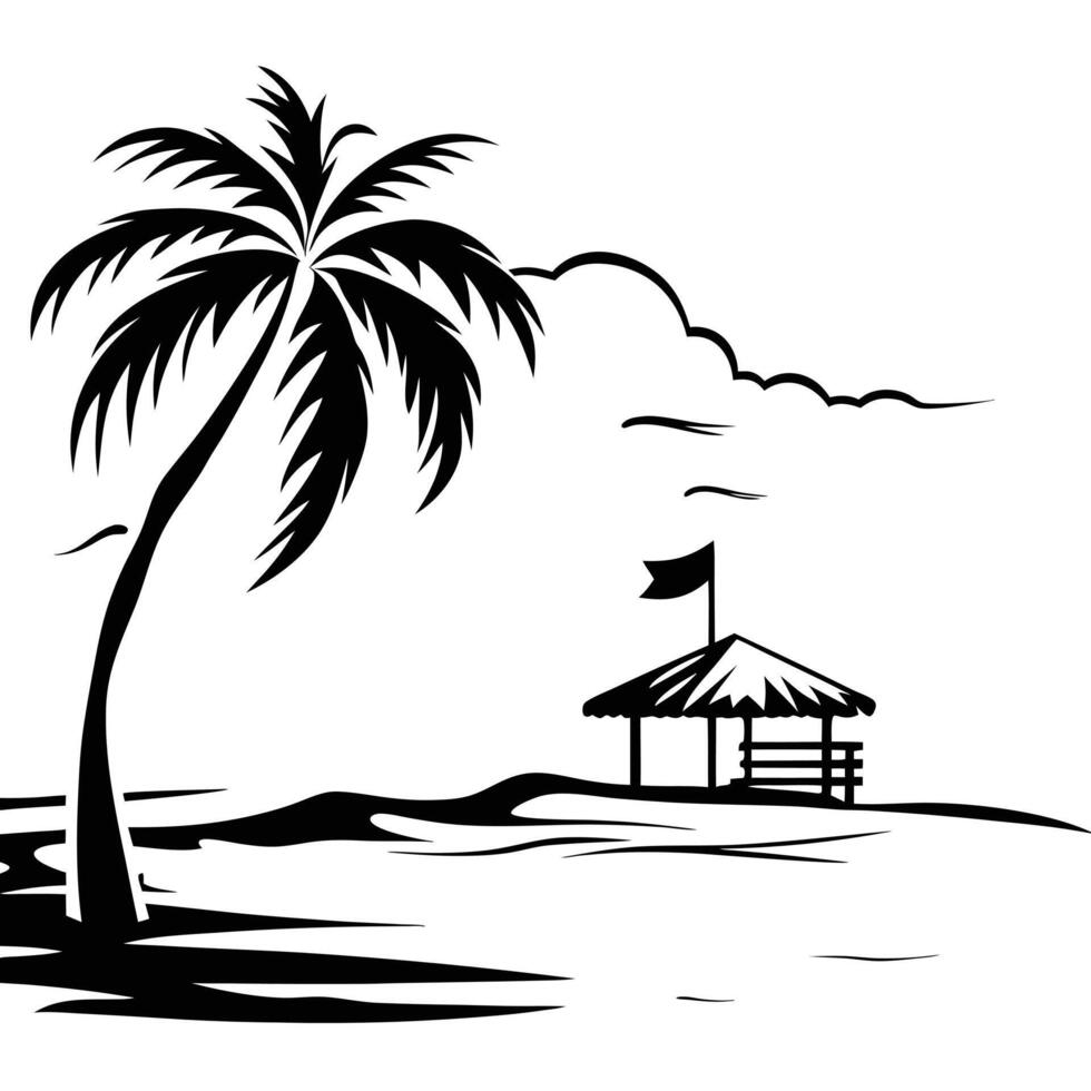 Black and White Tropical Beach Scene Illustration vector