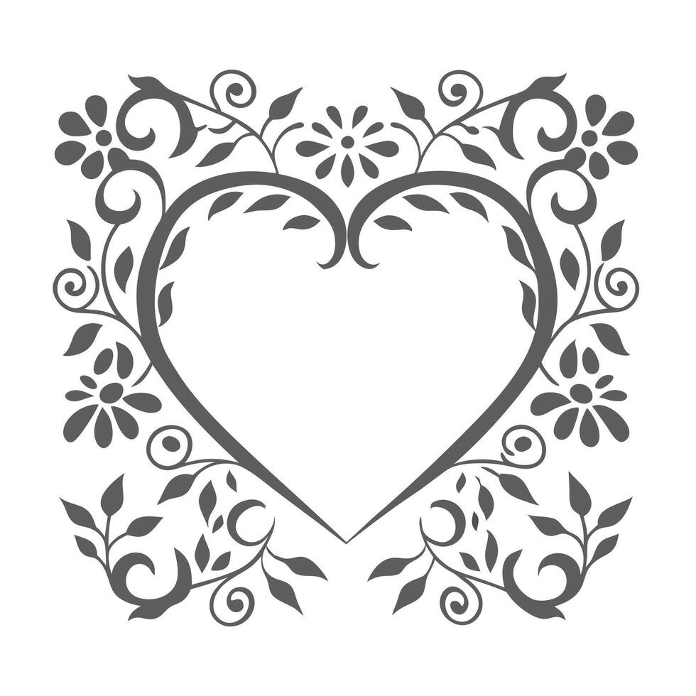 Elegant Floral Heart Black and White Decorative Frame vector
