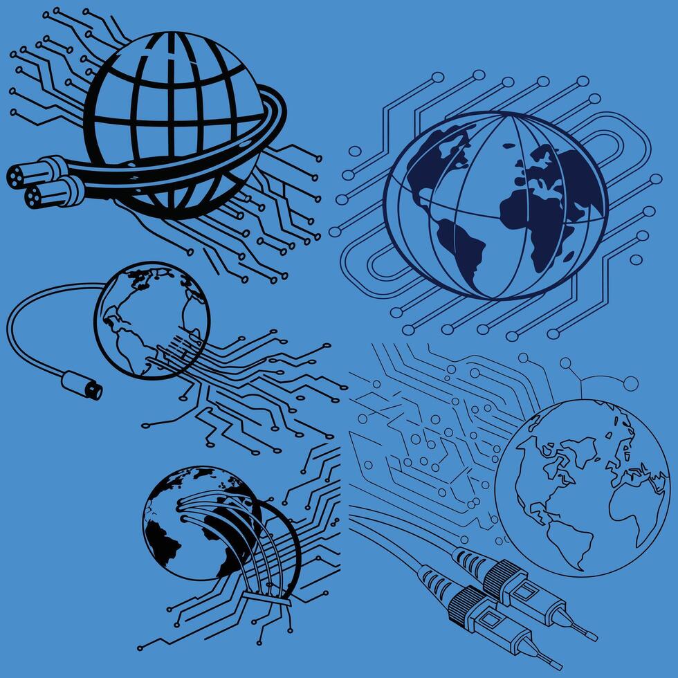 Global Digital Connectivity Optical Fibres and Circuit Board Technology vector