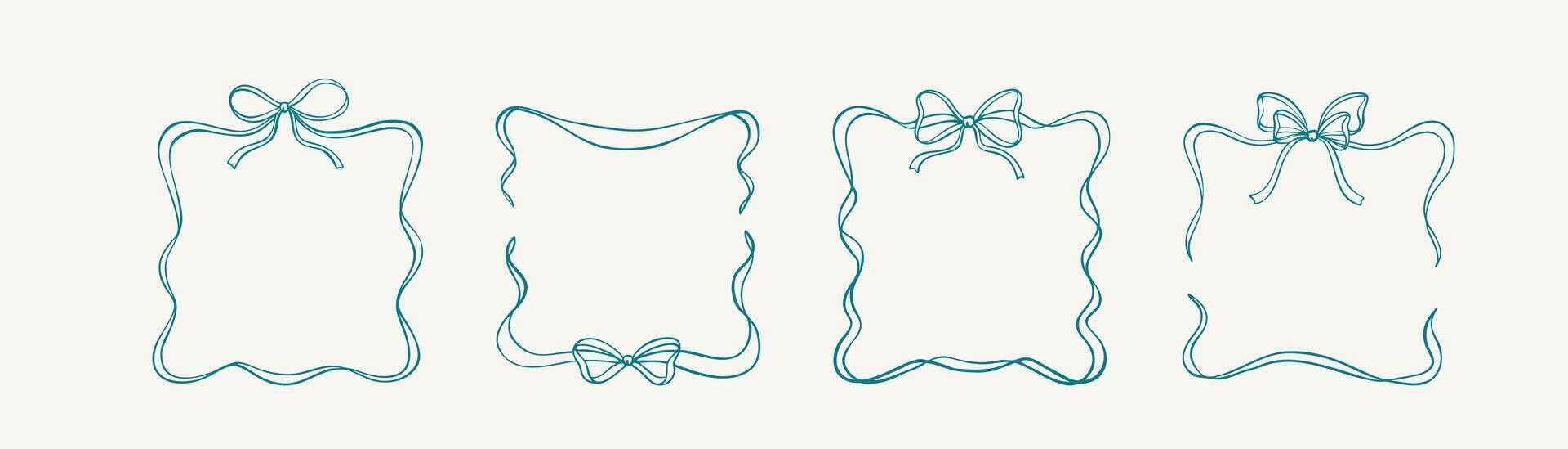Set of square whimsical bow ribbon frames. Coquette wavy scroll tape border. Vintage flourish hand drawn sketch illustration. Wedding, birthday, baby shower party invitation design element vector
