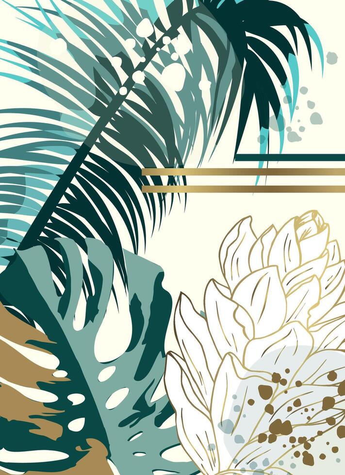 Elegant Tropical Botanical Art with Gold Accents. Stylish Palm Leaves and Exotic Flowers. Modern Jungle-Inspired Illustration for Posters, Prints, and Interior Decor. vector