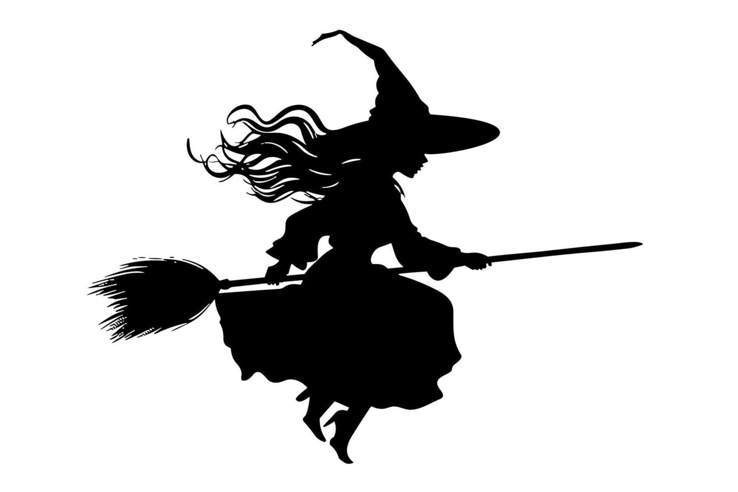 Silhouette of a witch flying on a broomstick, perfect for Halloween, magic, and spooky themed designs. vector
