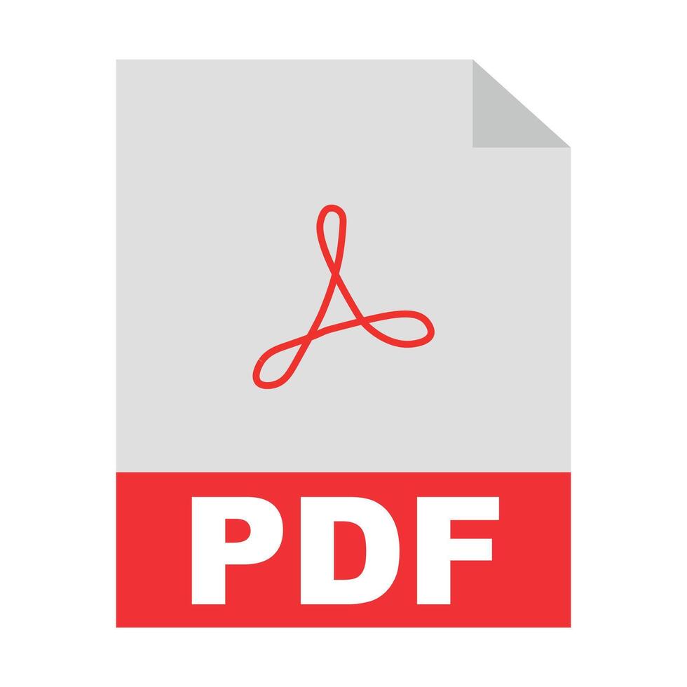 PDF file icon with red PDF text and a distinctive Adobe logo, representing a document format commonly used for digital content and e books vector