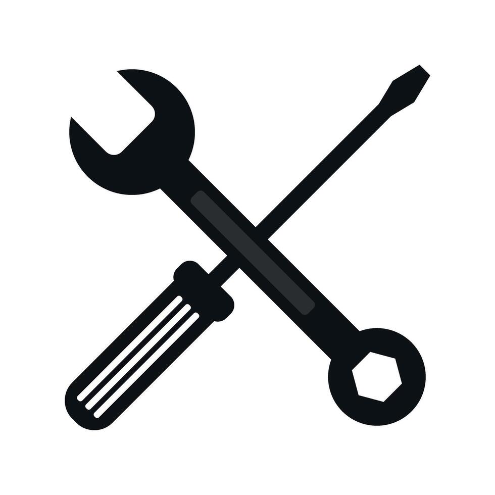 Crossed screwdriver and wrench tool icons in black and white, symbolizing mechanical repair, maintenance, and fixing vector