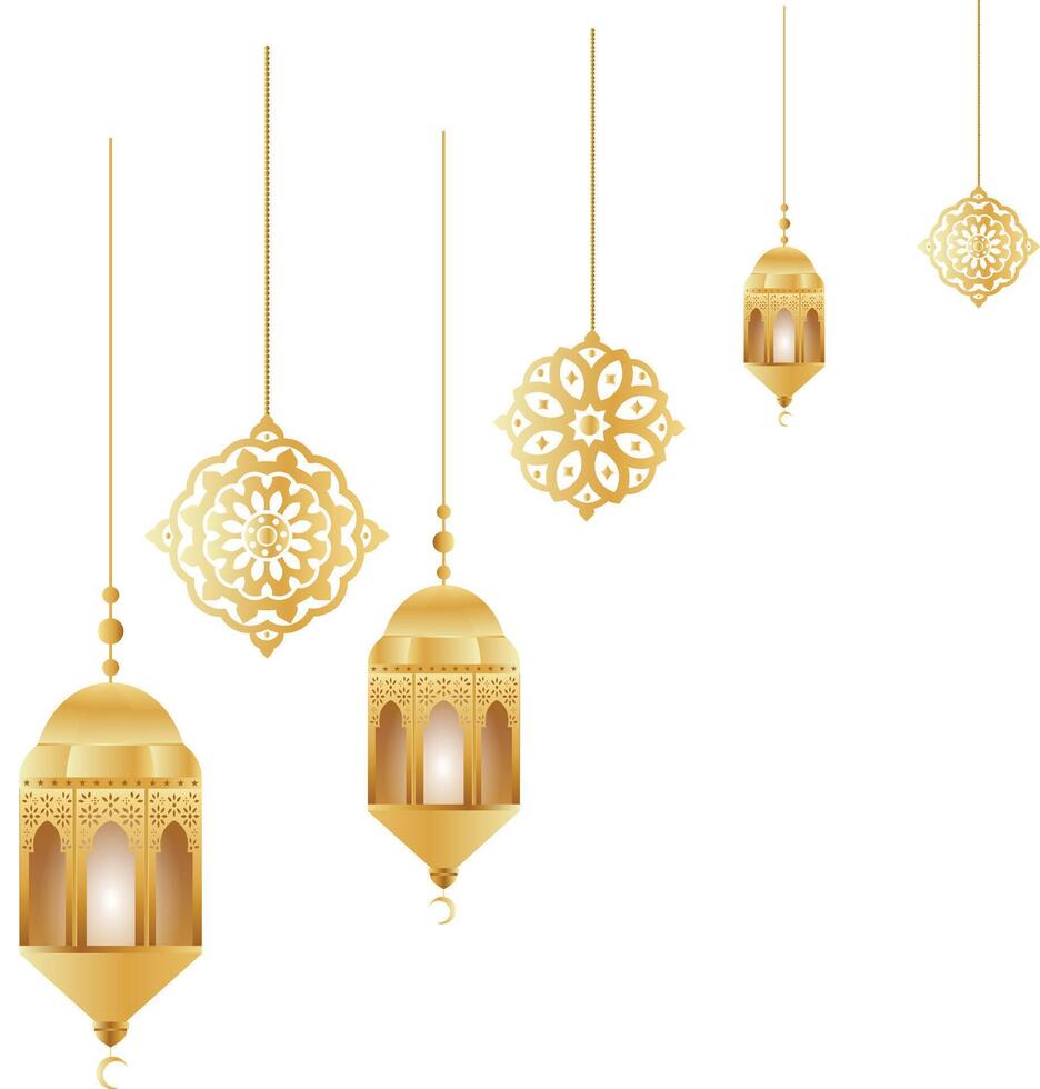 Set of golden hanging lanterns with floral patterns, ideal for cultural, festive, or Ramadan-themed designs. vector