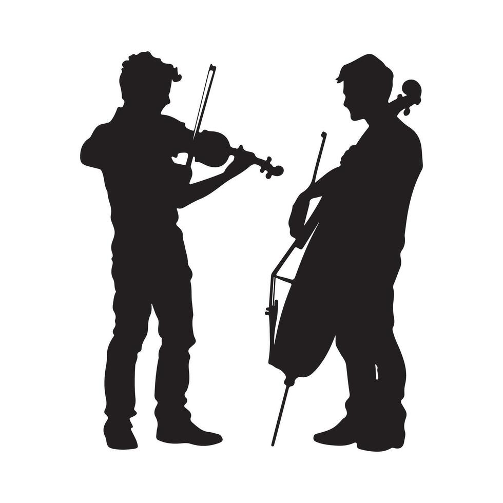Silhouette Two adult men play musical instruments. The violinist is holding the violin, the guy is playing cello image vector