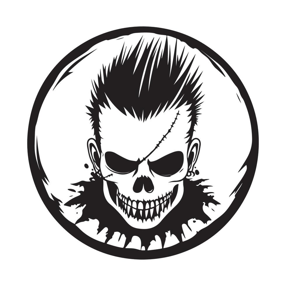 Skull punk with mohawk hair hand drawn isolated illustration vector