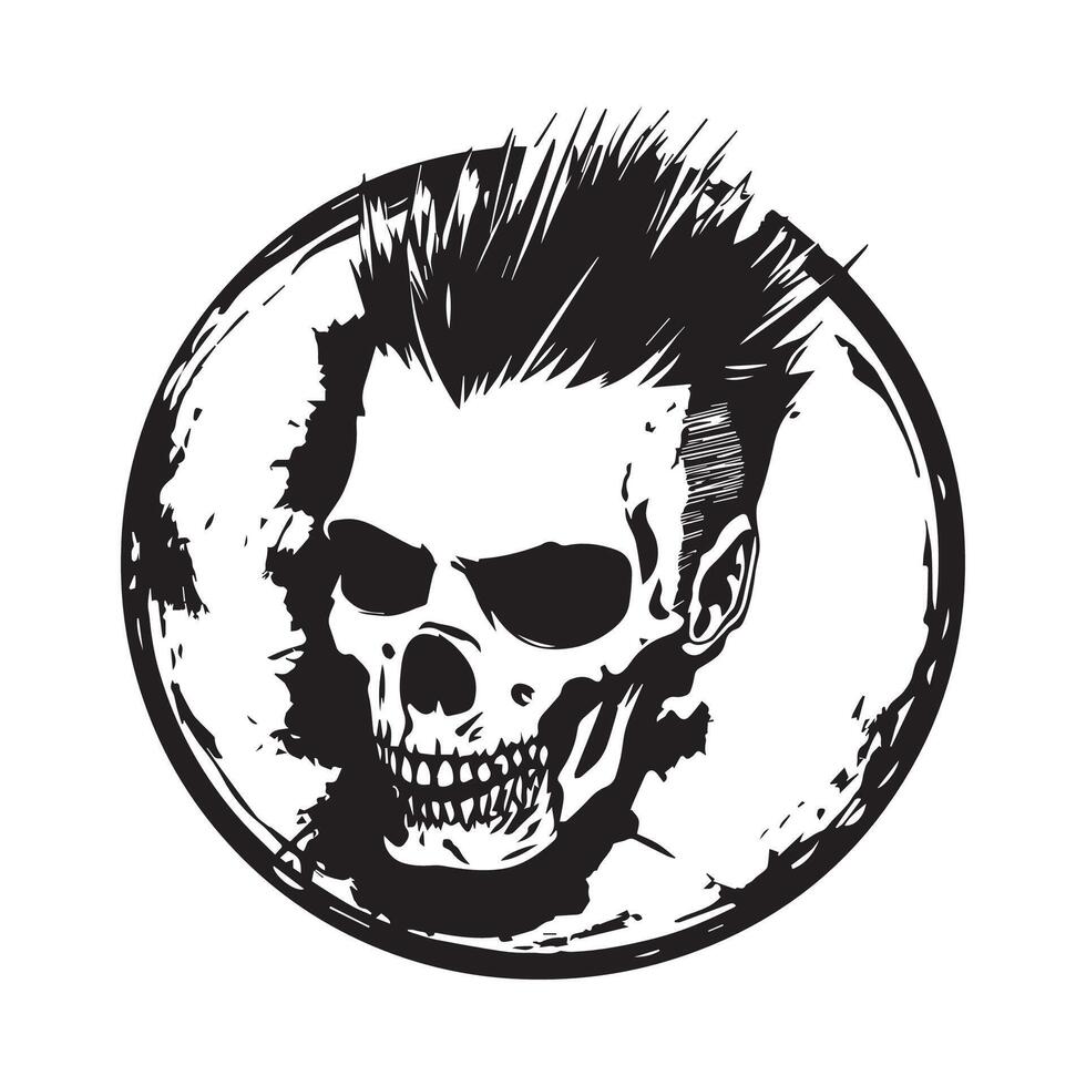 Punk rock skull with Mohawk image. Punk Skeleton black and white artwork style design logo vector