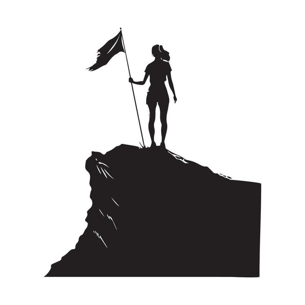Silhouette Woman Holding Flag Standing Mountain Stock Illustrations vector
