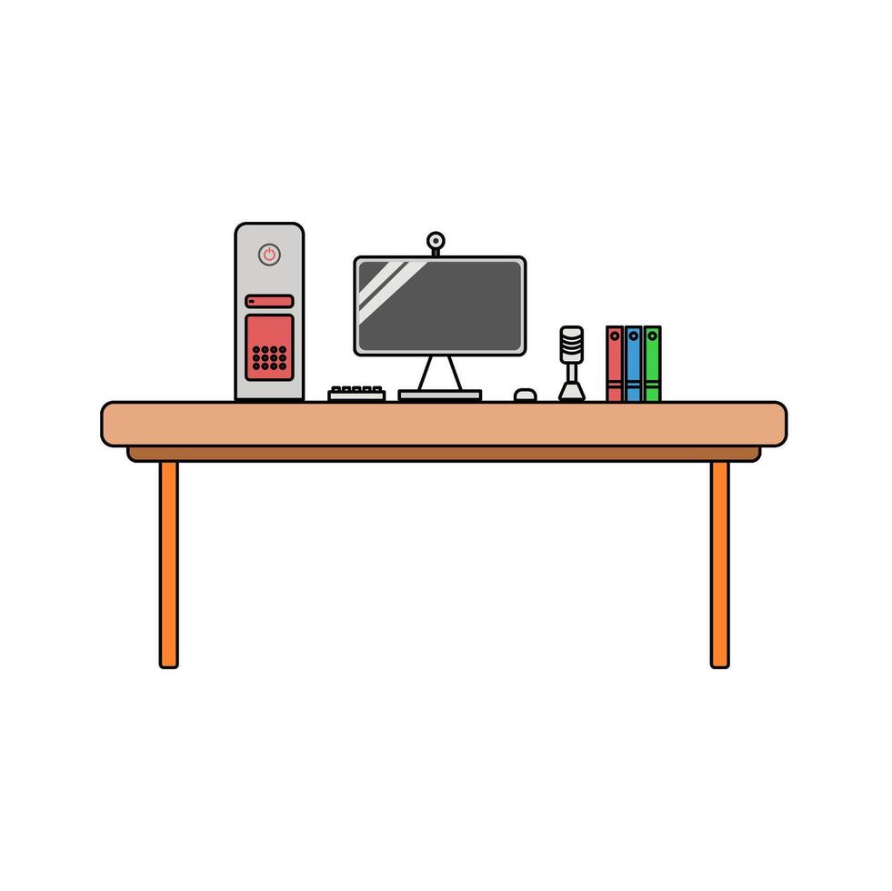simple desk setup for your office or interior design. illustration of a desk with a computer set and mic. office setup desk with folder vector